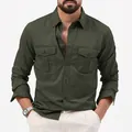 Vue détaillée d'une chemise décontractée pour homme vert olive à manches longues - Vert Militaire