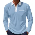 Men's stylish light blue long-sleeve polo shirt with white collar and half-zip closure - S / Tops / Light Blue With White Collar
