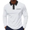 Men's American style slim fit long sleeve polo shirt with half zipper and black lapel collar - S / Tops / White with Black Trim