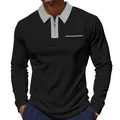 Men's slim fit long-sleeve polo shirt with half-zip and stylish contrast grey collar - S / Tops / Black With Light Gray Collar