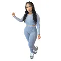 Sexy dusty blue ribbed two-piece set with long-sleeve crop top and leggings - S / Top And Bottom / Light Gray