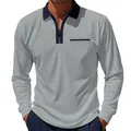 Herren Poloshirt in Grau mit langen Ärmeln, marineblauem Reißverschluss und Tasche - Grau und Navy