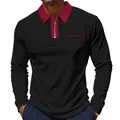 Stylish men's slim-fit long-sleeve polo shirt featuring a burgundy quarter-zip collar detail - Black with Red Collar