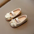 Elegant gold sequined girls princess shoes with white bow and elastic strap for party - 21 / Gold