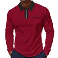 Schmal geschnittenes Langarm-Poloshirt für Herren in Weinrot mit Reißverschluss - Rot und Schwarz