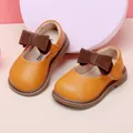 Soft orange leather toddler girl princess shoes featuring a brown suede bow detail - Internal Length 11.5cm / Bowknot Princess Shoes (5MBX905) / Yellow
