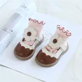 Chaussures classiques de bébé fille en cuir souple marron et beige avec fleur - 11.5cm / Style Fleur Cousue (13MBX8693) / Beige