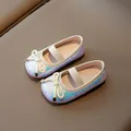 Dreamy iridescent sequin girls princess shoes with cream bow and elastic ankle strap - White
