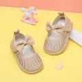 Beige soft leather princess shoes for toddler girls featuring cute bow and strap detail - Internal Length 11.5cm / Hollow-out Bowknot Princess Shoes (19MBX3105) / Khaki