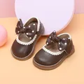 Adorable brown baby girl princess walking shoes featuring large white polka-dot bows - Internal Length 11.5cm / Polka Dot Bowknot Princess Shoes (38MBX6876) / Brown