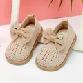 Elegant beige knit baby princess walking shoes with satin bow and cute heart charm - Internal Length 11.5cm / Hollow Bow Princess Shoes (19MBX3111) / Apricot