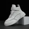 Zapatillas altas de cuero blanco para hombre con suela gruesa y plataforma interna oculta - Blanco