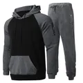 Men's two-piece fleece tracksuit set with color-block hoodie and matching joggers. - M / Top And Bottom / Black and Gray