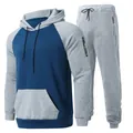 Men's two-piece fleece tracksuit featuring a colorblock drawstring hoodie and gray sweatpants. - M / Top And Bottom / Grey Blue