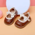 Elegant brown soft leather baby girl princess shoes with decorative white bow accent - Internal Length 11.5cm / Bowknot Princess Flat Shoes (13MBX8831) / Brown
