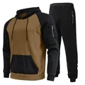 Detailed view of the two-piece fleece tracksuit with sleeve zipper and color-block design - M / Top And Bottom / Black Khaki