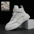 Zapatillas altas de cuero blanco premium para hombre con suela gruesa y forro polar - Blanco Con Forro Polar