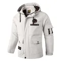Stilvolle wasserfeste Herren-Parkajacke mit Kapuze in Off-White und taktischen Taschen - M / Oberteil (2899) / Weiß