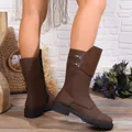 Detail view of brown mid-calf knight boots with side zipper and low block heel. - Brown
