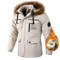 Hochwertiger Herren Parka in Beige mit Kapuze, Kunstfellkragen und warmem Fleece-Futter - M / Fleece-gefüttertes Oberteil / Elfenbein