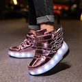 Shiny metallic pink LED roller shoes with wings for kids, stylish light-up sneakers. - 28 / Pink (hsh1806)