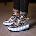 Kids silver LED light up roller shoes with wings and triple velcro straps design - 28 / Silver