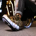 Shiny golden LED roller shoes with retractable single wheels and wing design for children - 28 / Gold (hsh1806)