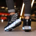 Kids black LED roller shoes with retractable wheels and stylish white wing design - 28 / Black (hsh1806)