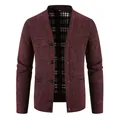 Macro view of men's thick V-neck knitted cardigan with dark red marled texture - M / Tops / Burgundy