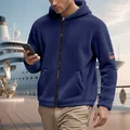 Men's navy blue zip-up sherpa fleece hoodie with an American flag patch on the sleeve - S / Tops / Navy Blue