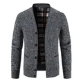 Front detail of men's thick grey knitted V-neck cardigan with stylish plaid lining - M / Tops / Dark Gray