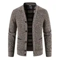 Men's thickened V-neck knitted cardigan jacket with warm plaid fleece lining - M / Tops / Coffee