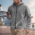 Detailed view of grey men's zip-up polar fleece hoodie with American flag patch. - S / Tops / Dark Gray