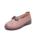Mocasines de cuero malva vintage para mujeres mayores con suelas antideslizantes - Rosa empolvado