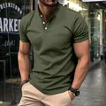 Detail view of men's olive green casual polo shirt with chest pocket and button neck - Army Green