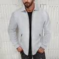 Detailed view of men's light gray waffle knit zip-up jacket with collar and zipper pockets - S / Tops / Gray