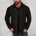 Detail of men's black waffle-knit zip jacket with lapel collar and slim fit design - S / Tops / Black
