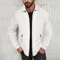 Detailed view of men's white waffle knit zip-up jacket with slim fit and lapel collar - S / Tops / White