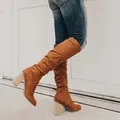 Women's brown suede over-the-knee boots with chunky block heels and side zipper - 35 / Brown