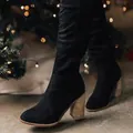 Elegant black over-the-knee suede boots featuring a unique textured wooden block heel - 35 / Black