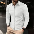 Close-up detail of premium white waffle knit texture on men's casual zip-up jacket - White