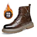 Herren braune Lederstiefeletten im britischen Stil mit warmem Baumwollfutter Variante - 38 / Warmes Plüsch-Modell (3681-M) / Braun