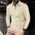 Detail of a men's waffle texture jacket with lapel and zip pockets in beige - Khaki