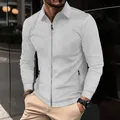 Close-up detail of a men's light grey waffle texture long-sleeve zipper casual jacket - Light Gray