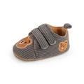 Detail view of gray corduroy baby walking shoes with cute embroidered teddy bears - Insole Length 11cm / Gray