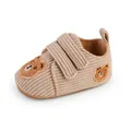Soft beige corduroy baby walker shoes featuring cute bear embroidery and velcro straps - Insole Length 11cm / Apricot