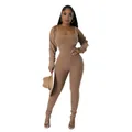 Women's sexy U-neck ribbed skinny jumpsuit set with matching cropped shrug top - S / Top And Bottom / Coffee