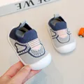 Soft non-slip baby knit shoes with breathable grey and navy fabric and white rubber sole. - 11.5cm / Blue