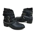Detailed view of dark blue ankle boots with silver studs and multi-strap buckles - 36 / Dark Blue