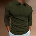 Macro view of olive green ribbed long-sleeve Polo shirt for men with vertical stripes - S / Tops / Army Green